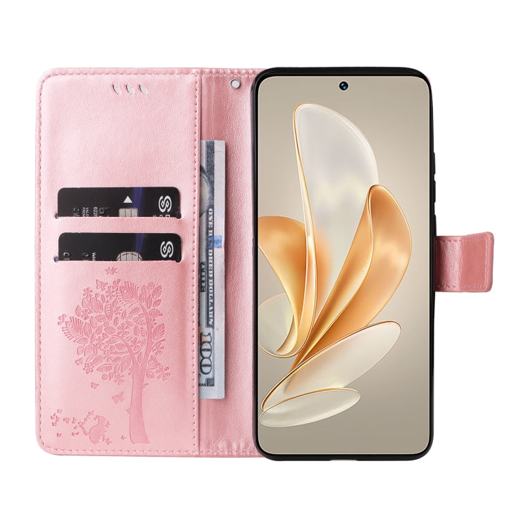 For vivo V29e Global / Y200 5G Global Tree & Cat Embossed Pattern Flip Leather Phone Case