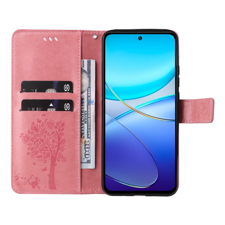 For vivo Y200e 5G Global / V30 Lite India Tree & Cat Embossed Pattern Flip Leather Phone Case