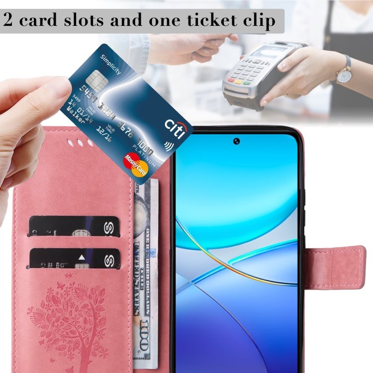 For vivo Y200e 5G Global / V30 Lite India Tree & Cat Embossed Pattern Flip Leather Phone Case