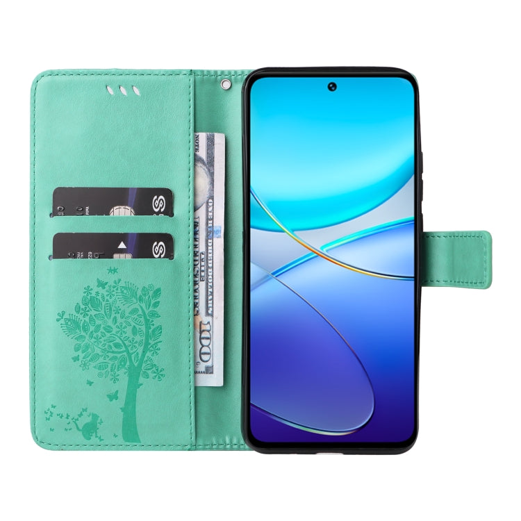 For vivo Y200e 5G Global / V30 Lite India Tree & Cat Embossed Pattern Flip Leather Phone Case