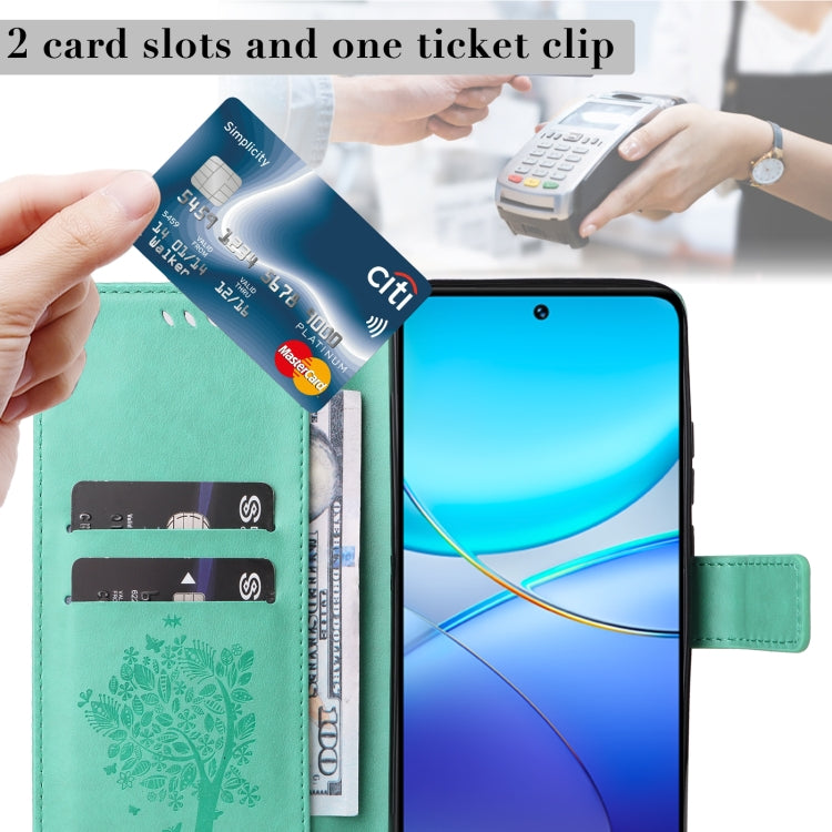 For vivo Y200e 5G Global / V30 Lite India Tree & Cat Embossed Pattern Flip Leather Phone Case
