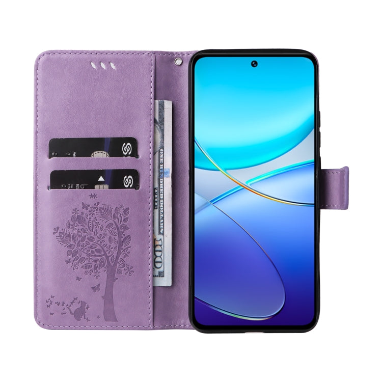 For vivo Y200e 5G Global / V30 Lite India Tree & Cat Embossed Pattern Flip Leather Phone Case