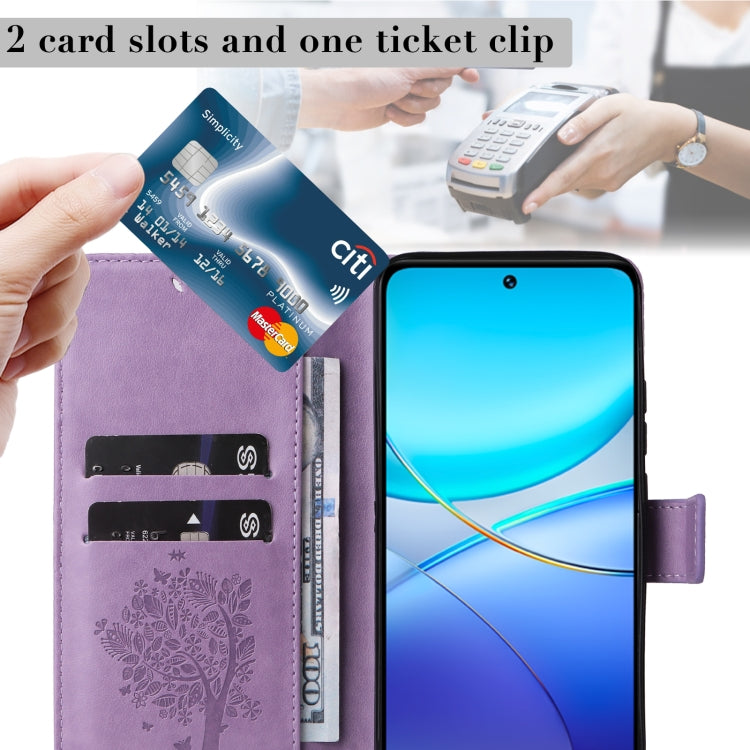 For vivo Y200e 5G Global / V30 Lite India Tree & Cat Embossed Pattern Flip Leather Phone Case