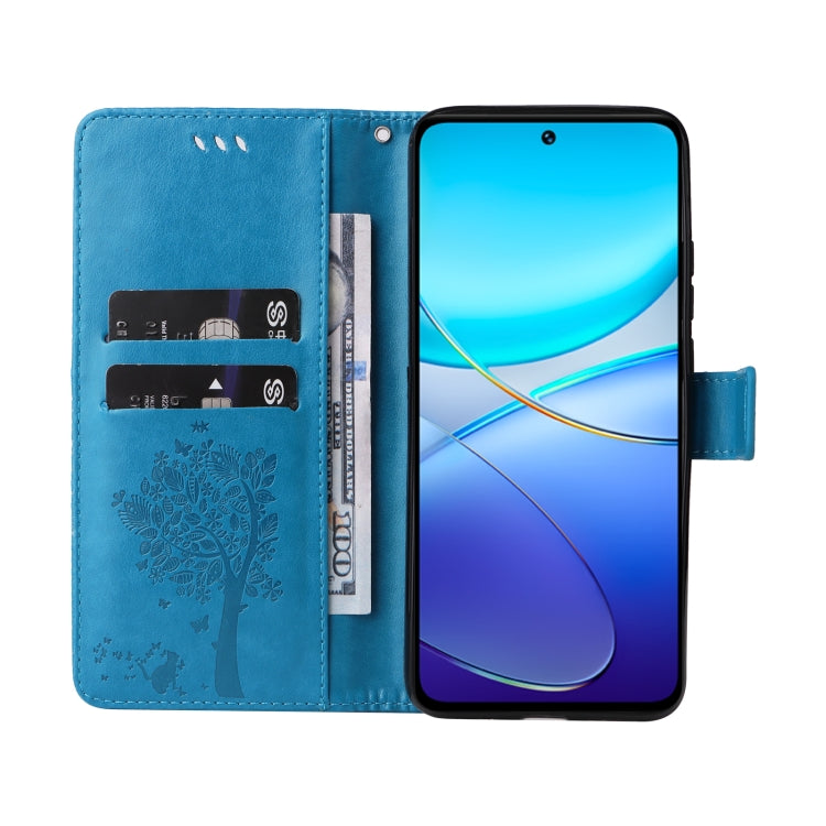 For vivo Y200e 5G Global / V30 Lite India Tree & Cat Embossed Pattern Flip Leather Phone Case