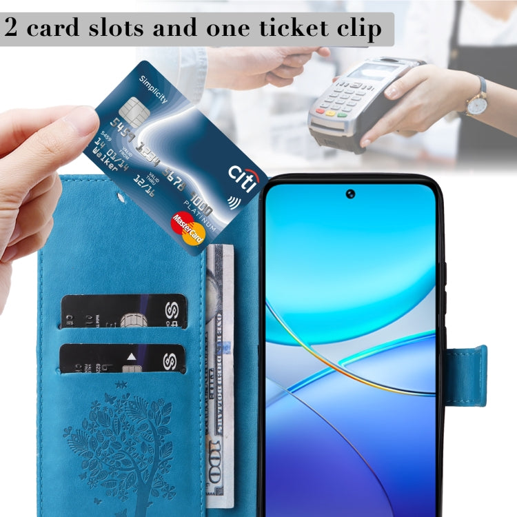 For vivo Y200e 5G Global / V30 Lite India Tree & Cat Embossed Pattern Flip Leather Phone Case