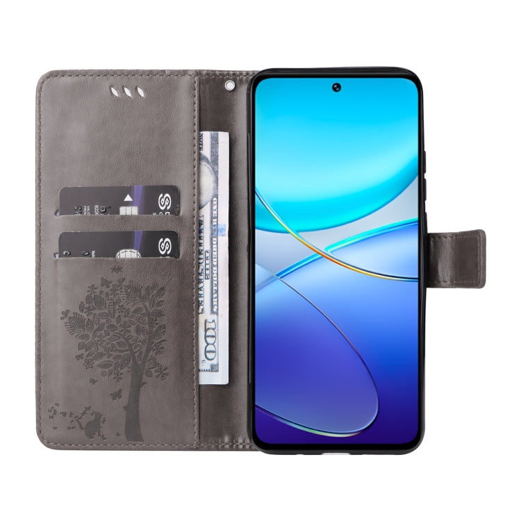 For vivo Y200e 5G Global / V30 Lite India Tree & Cat Embossed Pattern Flip Leather Phone Case