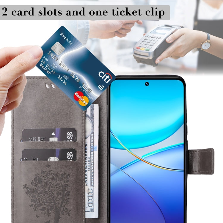 For vivo Y200e 5G Global / V30 Lite India Tree & Cat Embossed Pattern Flip Leather Phone Case