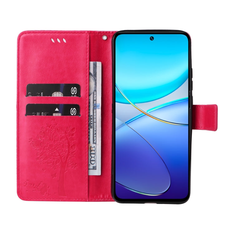 For vivo Y200e 5G Global / V30 Lite India Tree & Cat Embossed Pattern Flip Leather Phone Case