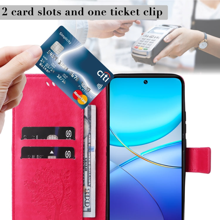 For vivo Y200e 5G Global / V30 Lite India Tree & Cat Embossed Pattern Flip Leather Phone Case