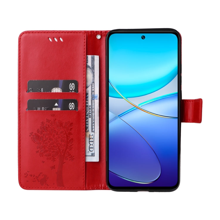 For vivo Y200e 5G Global / V30 Lite India Tree & Cat Embossed Pattern Flip Leather Phone Case