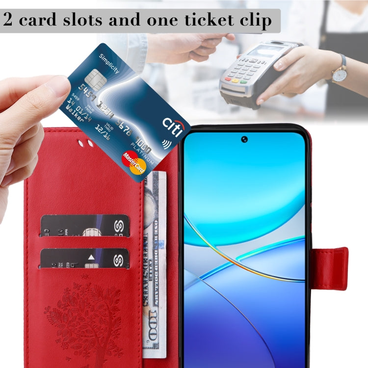 For vivo Y200e 5G Global / V30 Lite India Tree & Cat Embossed Pattern Flip Leather Phone Case