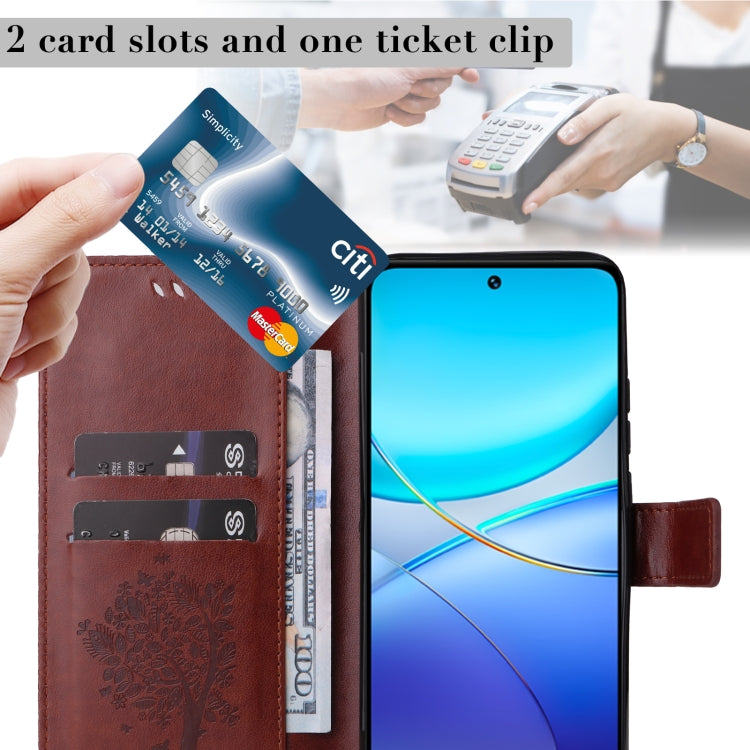 For vivo Y200e 5G Global / V30 Lite India Tree & Cat Embossed Pattern Flip Leather Phone Case