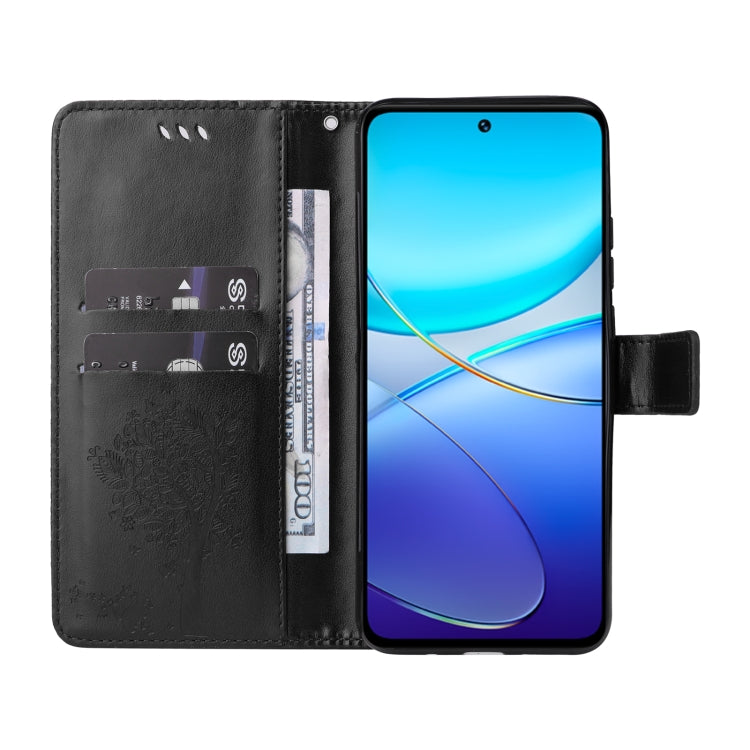 For vivo Y200e 5G Global / V30 Lite India Tree & Cat Embossed Pattern Flip Leather Phone Case