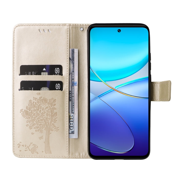 For vivo Y200e 5G Global / V30 Lite India Tree & Cat Embossed Pattern Flip Leather Phone Case