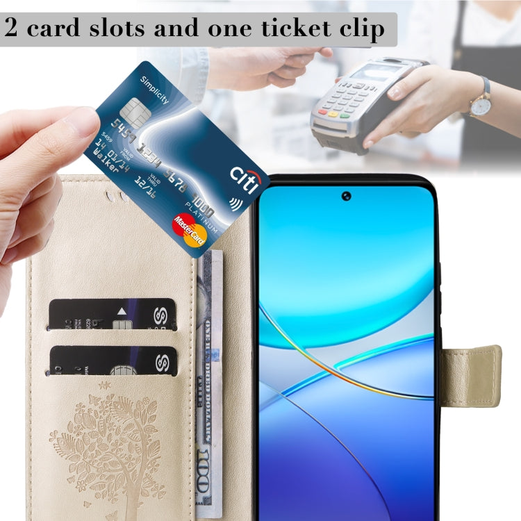 For vivo Y200e 5G Global / V30 Lite India Tree & Cat Embossed Pattern Flip Leather Phone Case