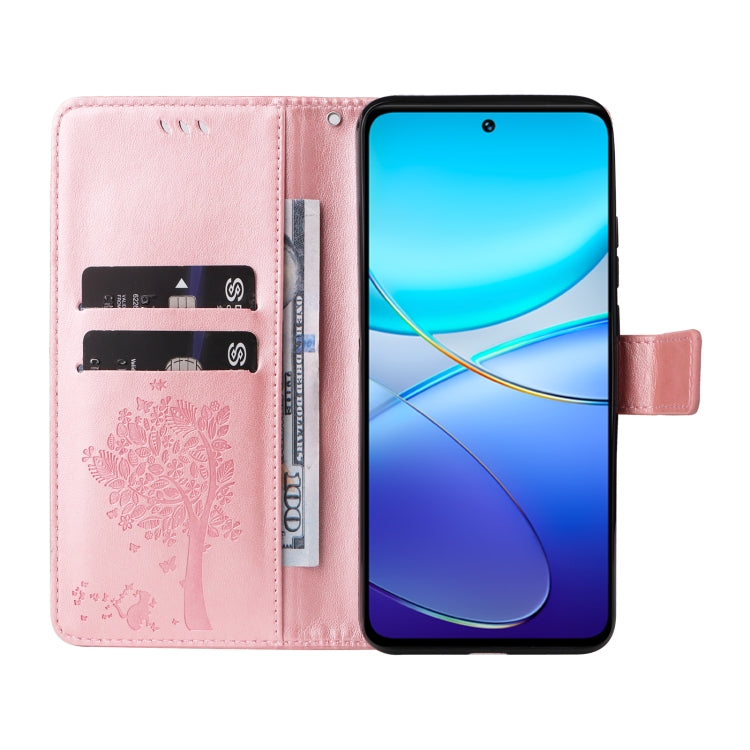 For vivo Y200e 5G Global / V30 Lite India Tree & Cat Embossed Pattern Flip Leather Phone Case