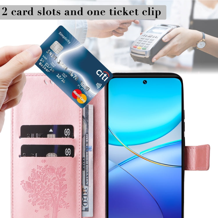 For vivo Y200e 5G Global / V30 Lite India Tree & Cat Embossed Pattern Flip Leather Phone Case