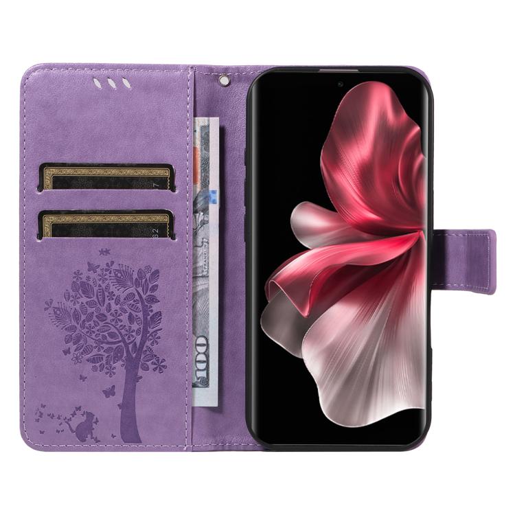 For vivo V30E / V40 Lite Global Tree & Cat Embossed Pattern Flip Leather Phone Case