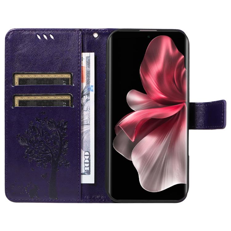 For vivo V30E / V40 Lite Global Tree & Cat Embossed Pattern Flip Leather Phone Case