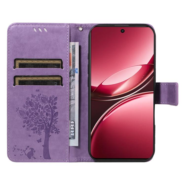 For vivo V50 Lite 5G Global Tree & Cat Embossed Pattern Flip Leather Phone Case
