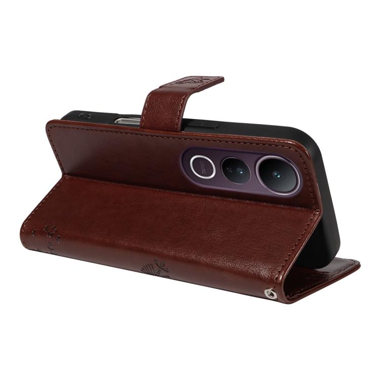 For vivo V50 Lite 5G Global Tree & Cat Embossed Pattern Flip Leather Phone Case