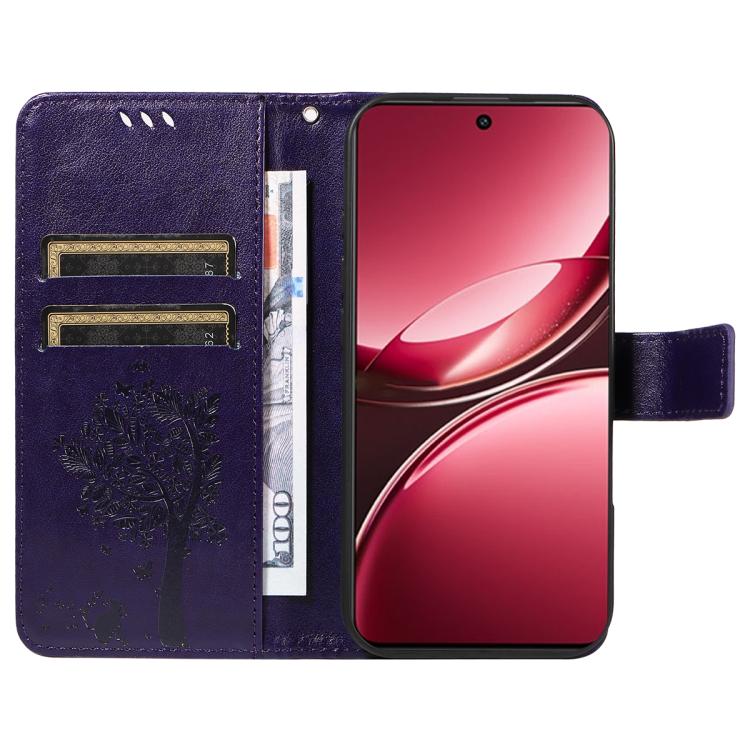 For vivo V50 Lite 5G Global Tree & Cat Embossed Pattern Flip Leather Phone Case