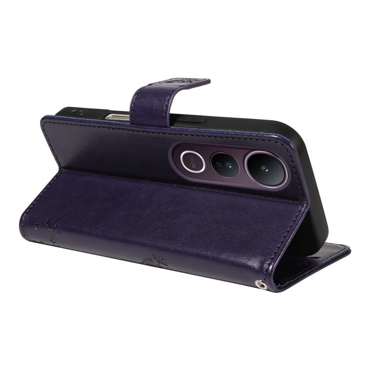 For vivo V50 Lite 5G Global Tree & Cat Embossed Pattern Flip Leather Phone Case