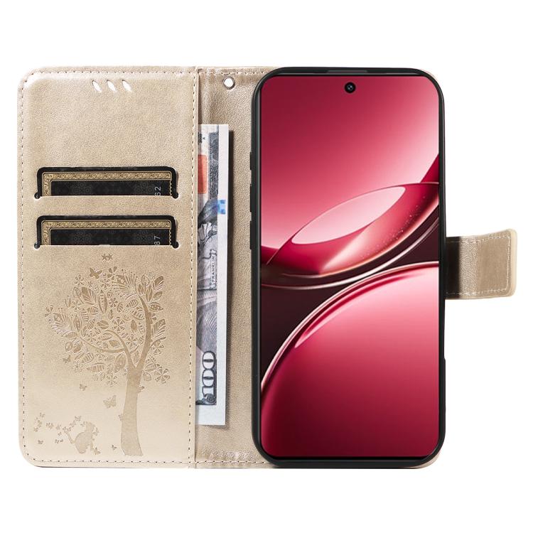 For vivo V50 Lite 5G Global Tree & Cat Embossed Pattern Flip Leather Phone Case