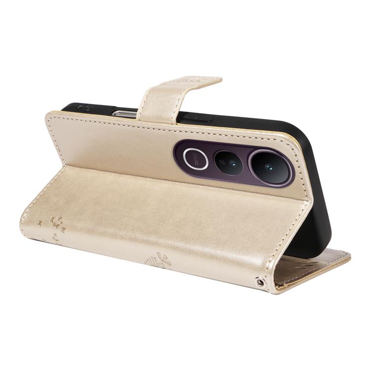For vivo V50 Lite 5G Global Tree & Cat Embossed Pattern Flip Leather Phone Case