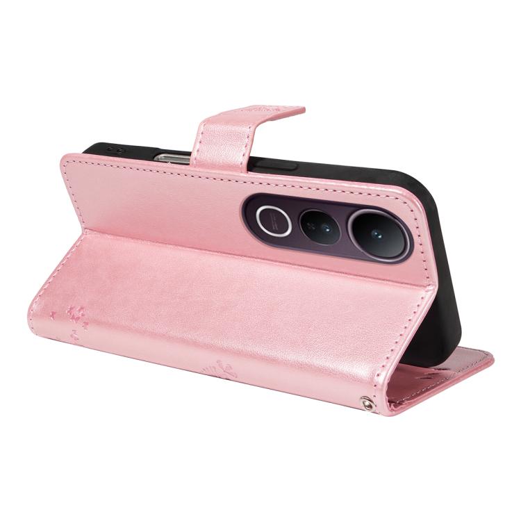 For vivo V50 Lite 5G Global Tree & Cat Embossed Pattern Flip Leather Phone Case