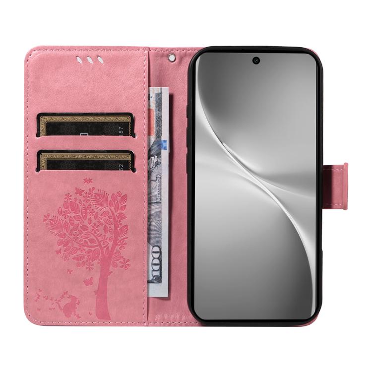 For vivo V60 5G Tree & Cat Embossed Pattern Flip Leather Phone Case