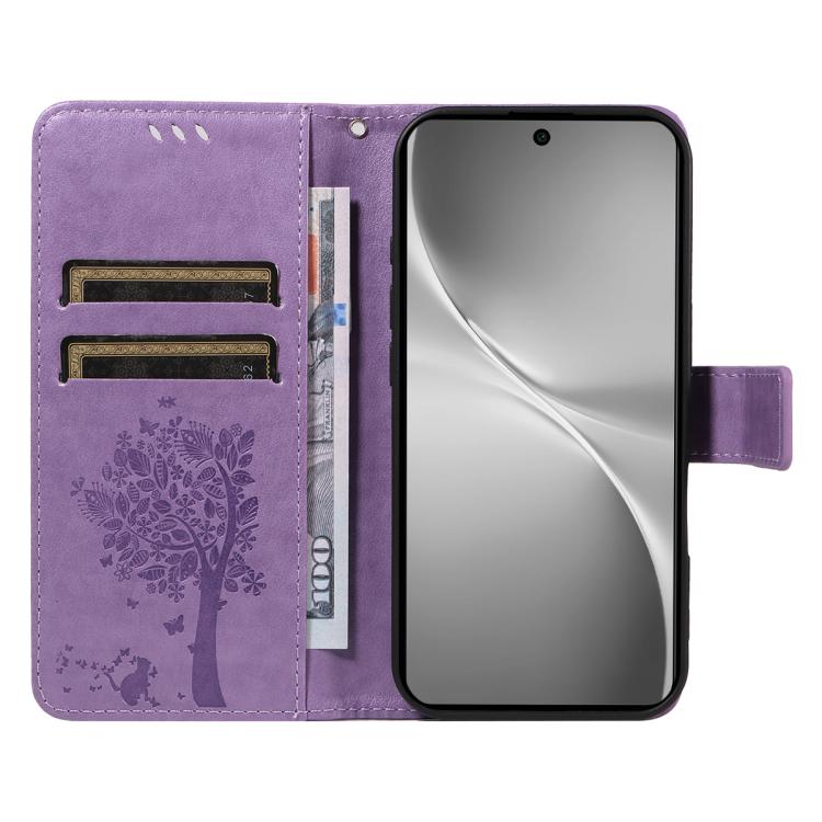 For vivo V60 5G Tree & Cat Embossed Pattern Flip Leather Phone Case