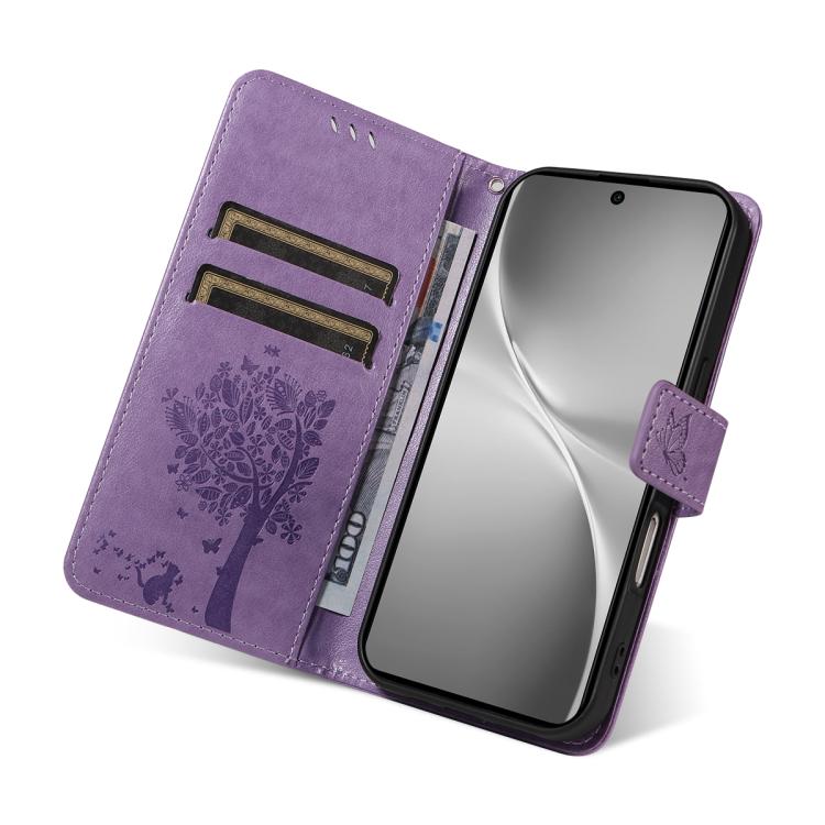 For vivo V60 5G Tree & Cat Embossed Pattern Flip Leather Phone Case