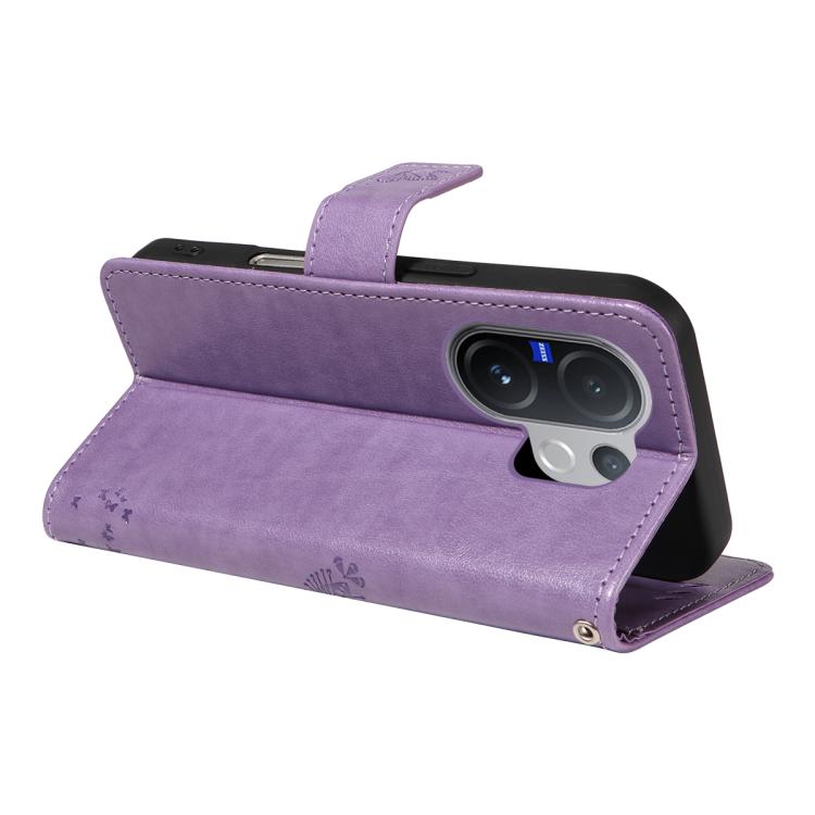 For vivo V60 5G Tree & Cat Embossed Pattern Flip Leather Phone Case