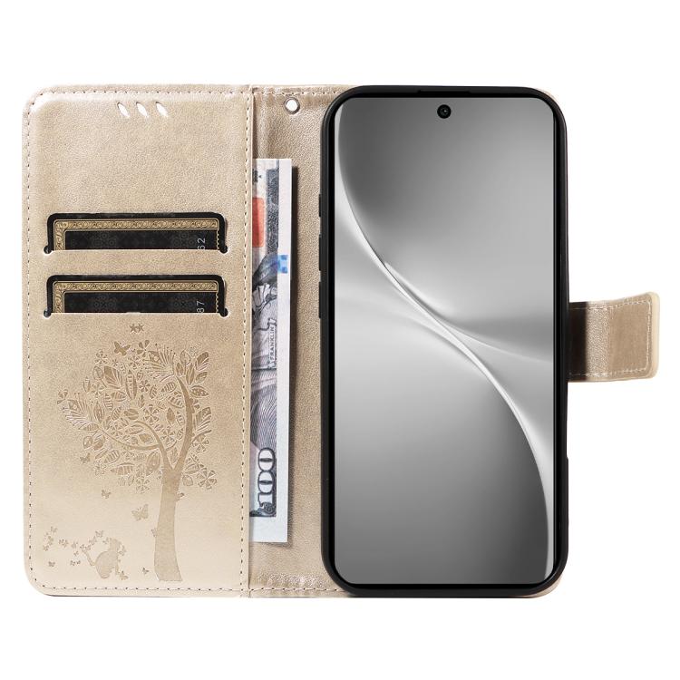 For vivo V60 5G Tree & Cat Embossed Pattern Flip Leather Phone Case