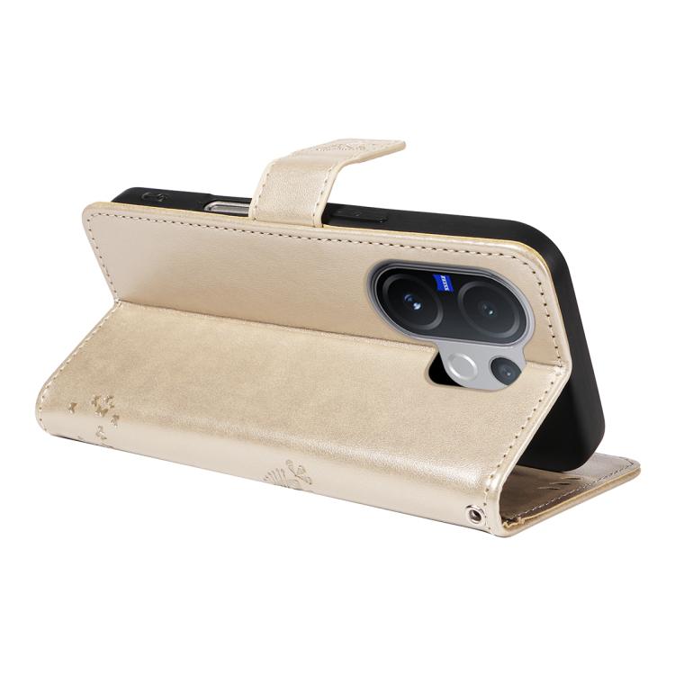 For vivo V60 5G Tree & Cat Embossed Pattern Flip Leather Phone Case