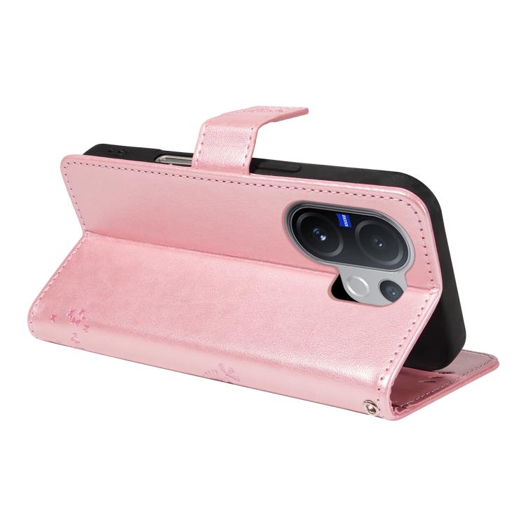 For vivo V60 5G Tree & Cat Embossed Pattern Flip Leather Phone Case