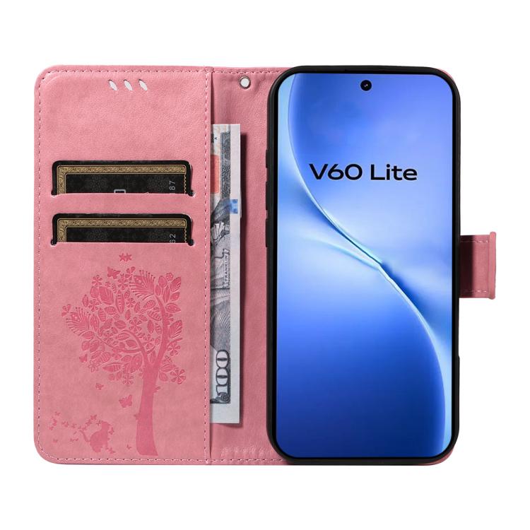 For vivo V60 Lite 4G Tree & Cat Embossed Pattern Flip Leather Phone Case
