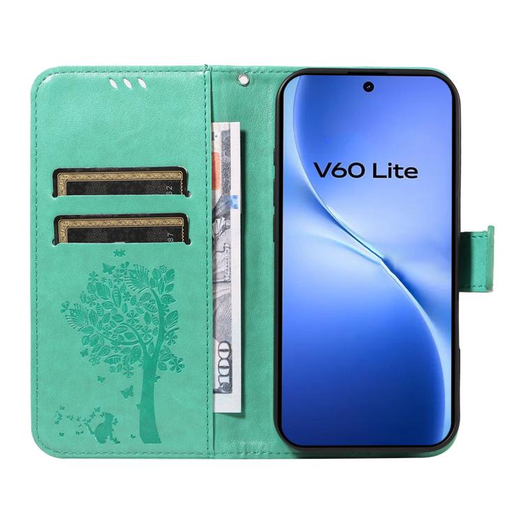 For vivo V60 Lite 4G Tree & Cat Embossed Pattern Flip Leather Phone Case