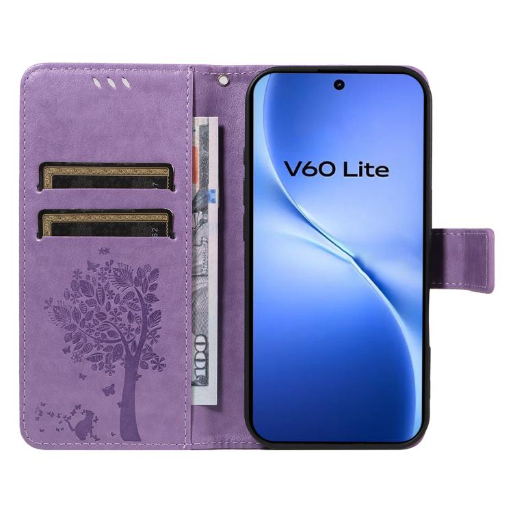 For vivo V60 Lite 4G Tree & Cat Embossed Pattern Flip Leather Phone Case