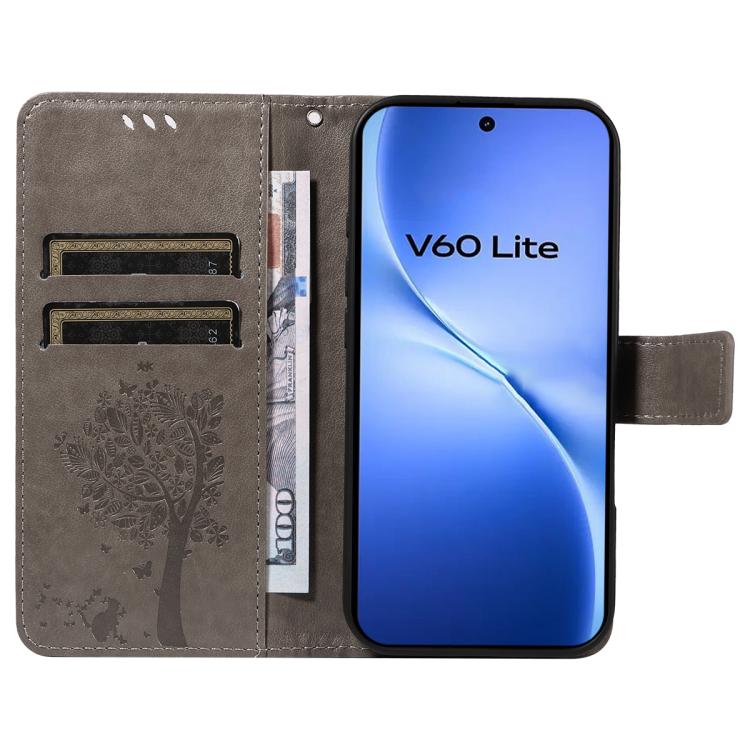 For vivo V60 Lite 4G Tree & Cat Embossed Pattern Flip Leather Phone Case