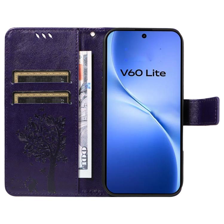 For vivo V60 Lite 4G Tree & Cat Embossed Pattern Flip Leather Phone Case