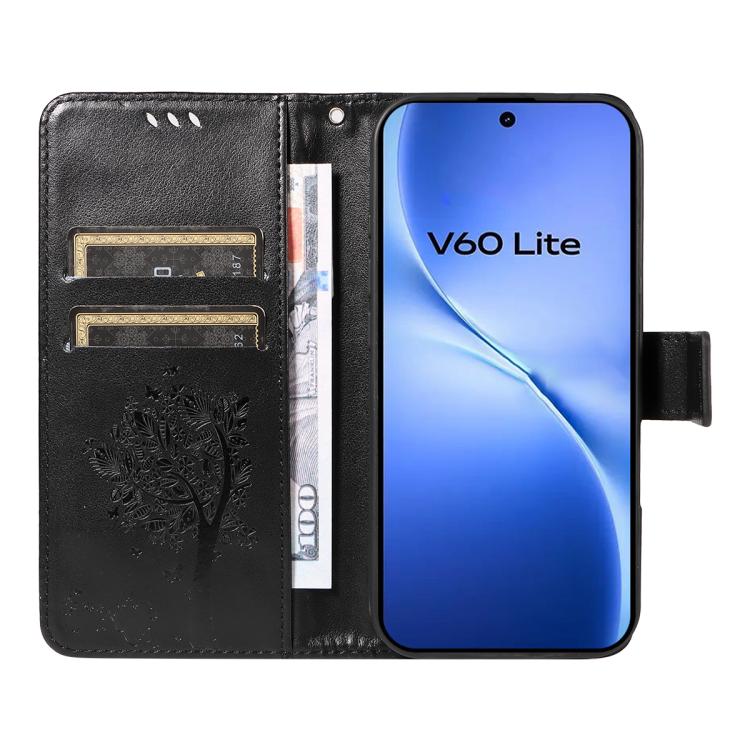 For vivo V60 Lite 4G Tree & Cat Embossed Pattern Flip Leather Phone Case