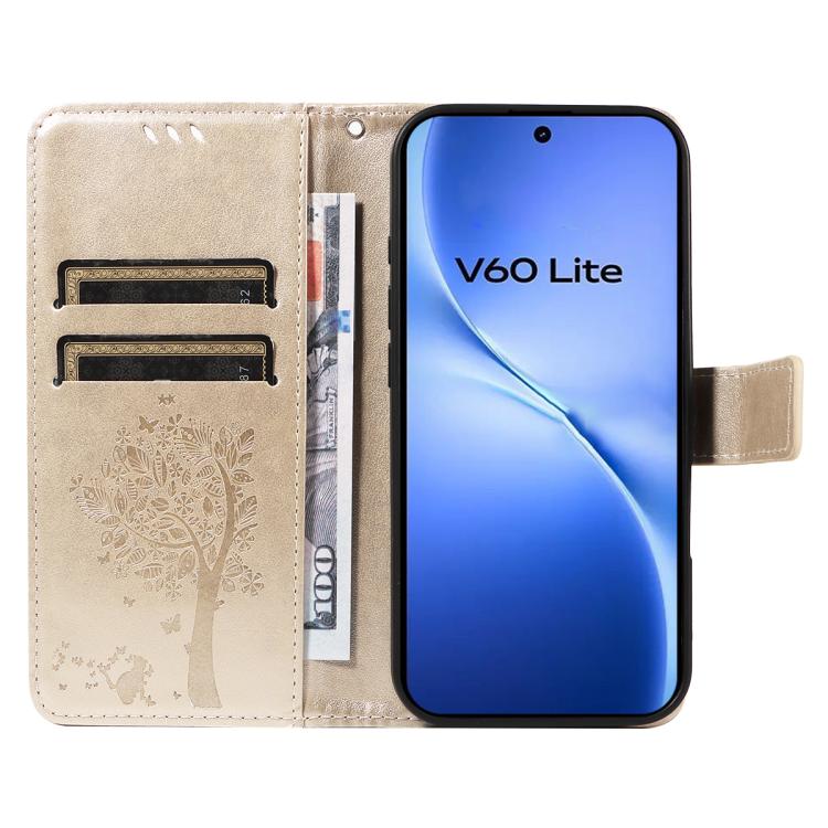 For vivo V60 Lite 4G Tree & Cat Embossed Pattern Flip Leather Phone Case