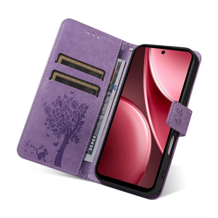 For vivo Y31 5G 2025 / Y21D Tree & Cat Embossed Pattern Flip Leather Phone Case