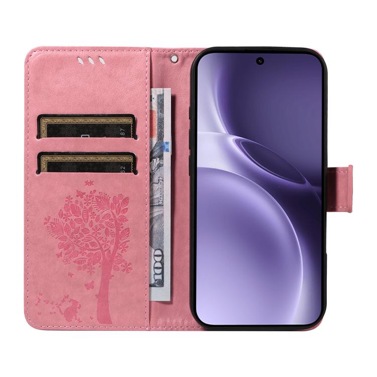 For vivo X300 Pro Tree & Cat Embossed Pattern Flip Leather Phone Case