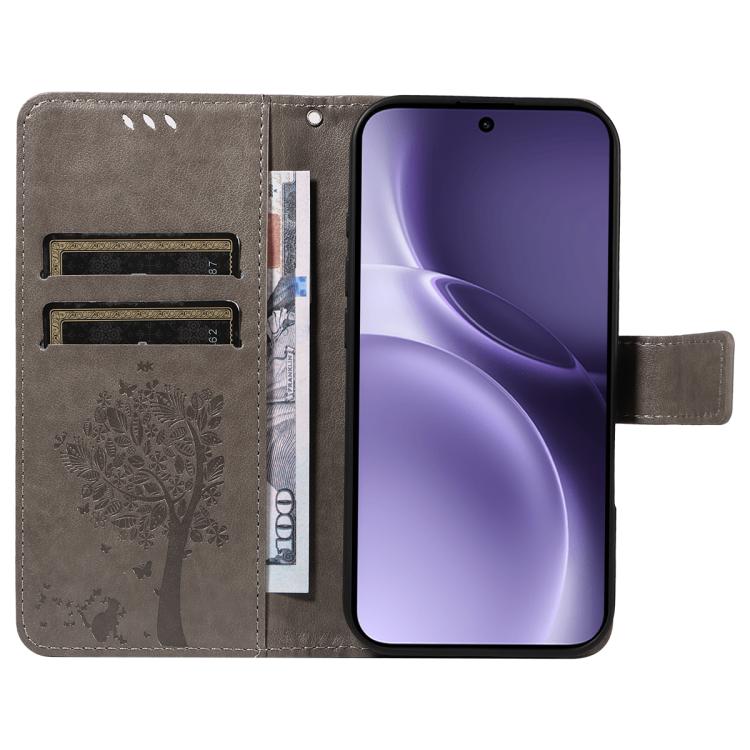 For vivo X300 Pro Tree & Cat Embossed Pattern Flip Leather Phone Case