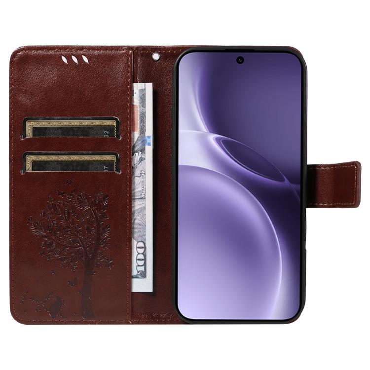 For vivo X300 Pro Tree & Cat Embossed Pattern Flip Leather Phone Case