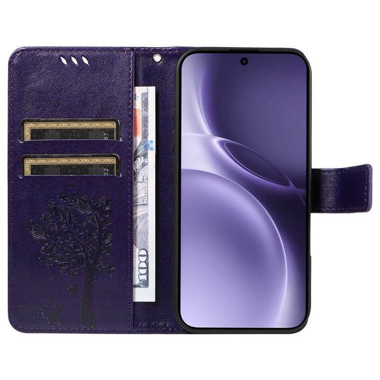 For vivo X300 Pro Tree & Cat Embossed Pattern Flip Leather Phone Case