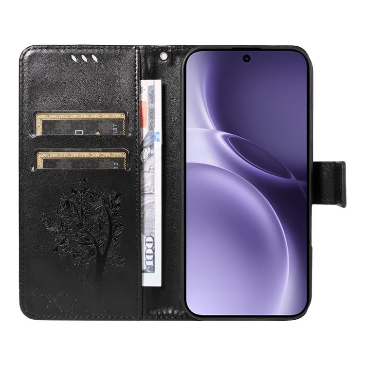 For vivo X300 Pro Tree & Cat Embossed Pattern Flip Leather Phone Case